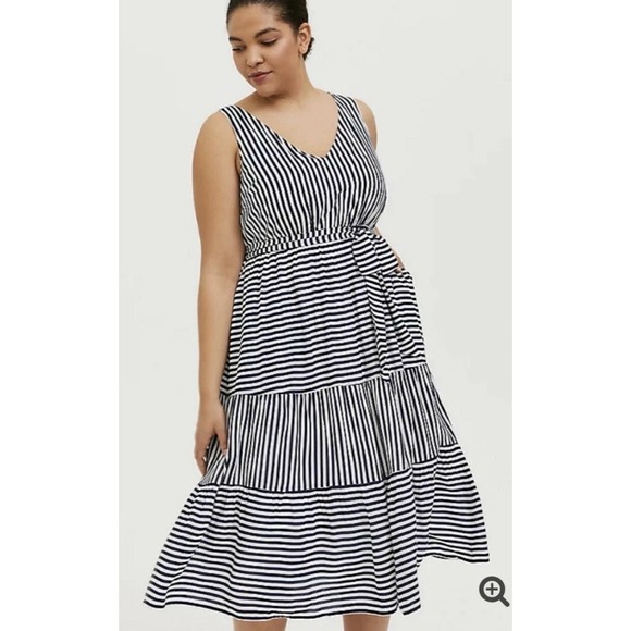 torrid Dresses & Skirts - Torrid Tiered MIDI Dress 2X Navy White Stripe Challis Tie Summer Nautical Staple